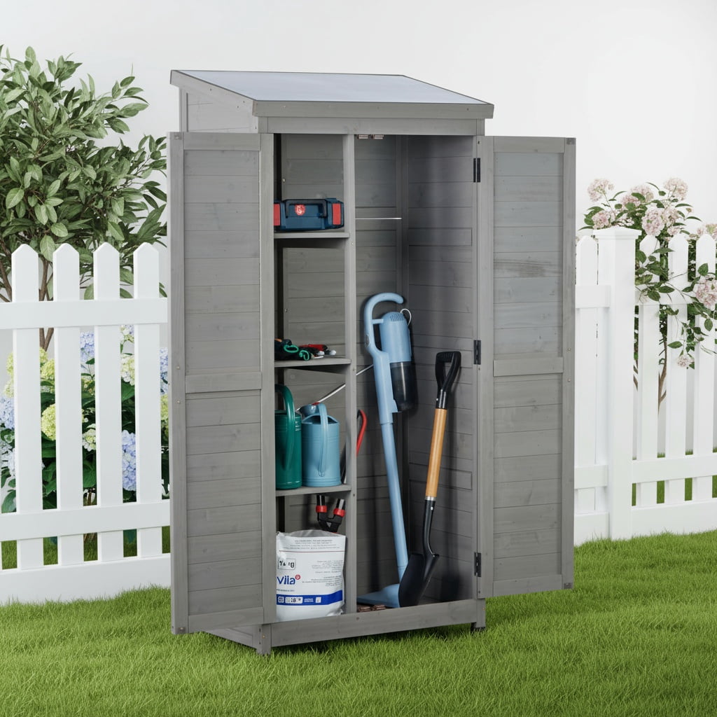 Outdoor Wooden Storage Shed, Metal Top Tall Vertical Tool Cabinet for Backyard Garden Patio Lawn Utility Storage, Grey