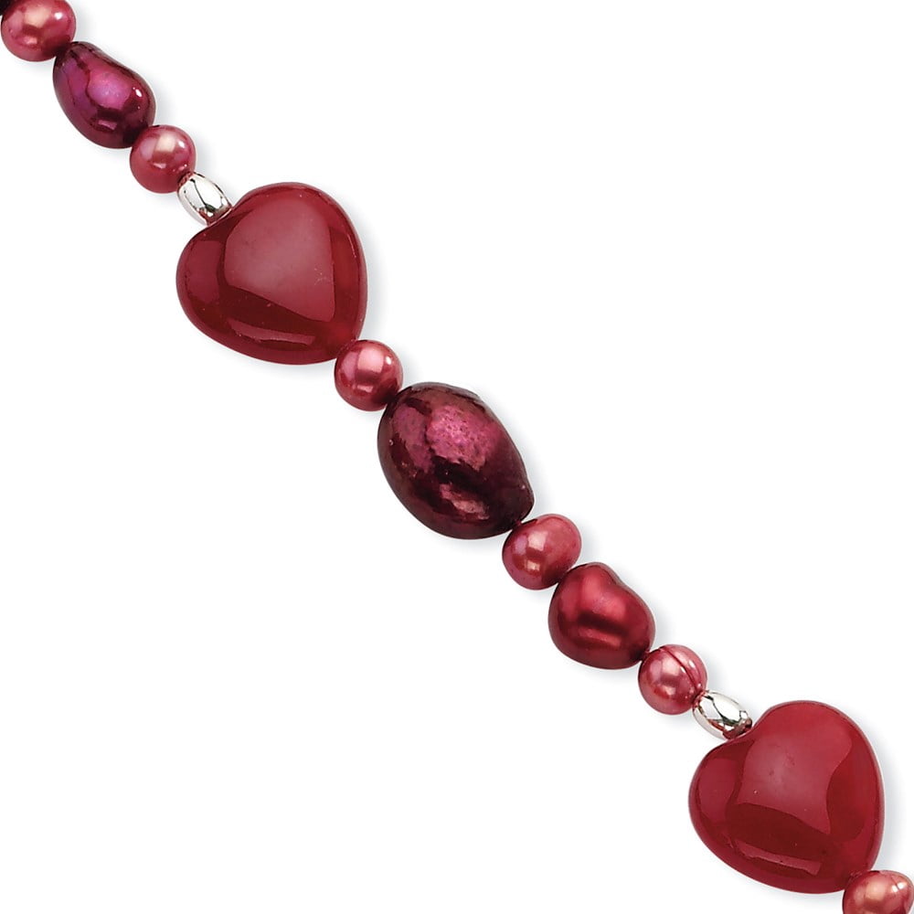 Sterling Silver Bracelet Pearl Women's mm 17 in Red Jade Hearts/FW Cultured
