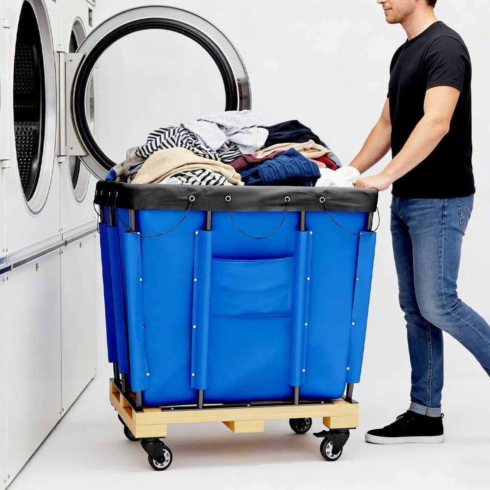Yeeoy 8 Bushel Blue Vinyl Basket Bulk Truck, Laundry Basket with Wheels, Steel Laundry Cart Storage Trolley Hamper for Hotel Home Hospital, 34"L x 22"W x 30-1/2"H