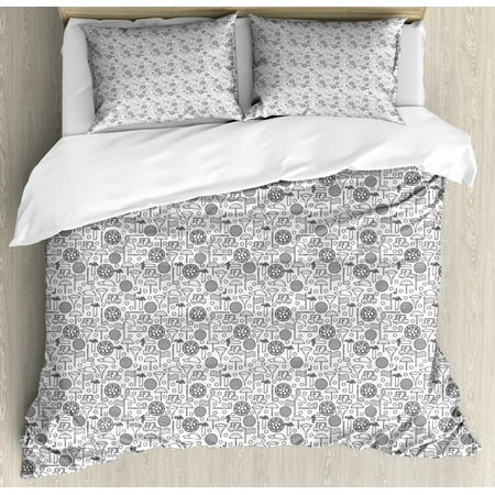 Garden Umbrellas Game Golf Duvet Cover Set, Equipment Ball Hat Umbrella Flag Cart Outdoor Activity Game Match Play Doodle Art, Decorative Bedding Set with Pillow Shams, Grey and White, by Ambesonne ()