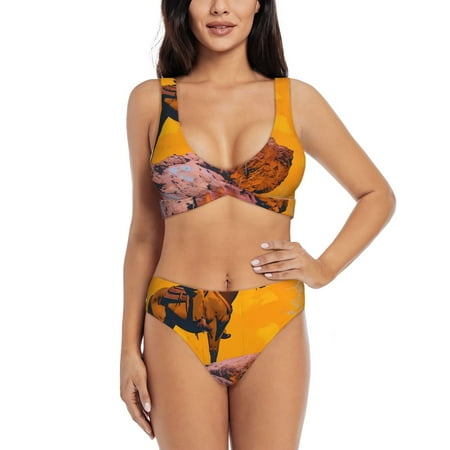 Zeuib Cliff Western Cowboy High Waisted Tummy Control Bikini Set - Knot Front Push Up Top & Cheeky Thong Bottom  Two-Piece Swimsuit for Women-Small