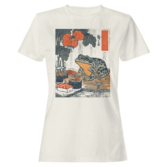 Smartprints Frog Sushi & Japanese Flower Art Women's T-Shirt Off White, Cotton, S