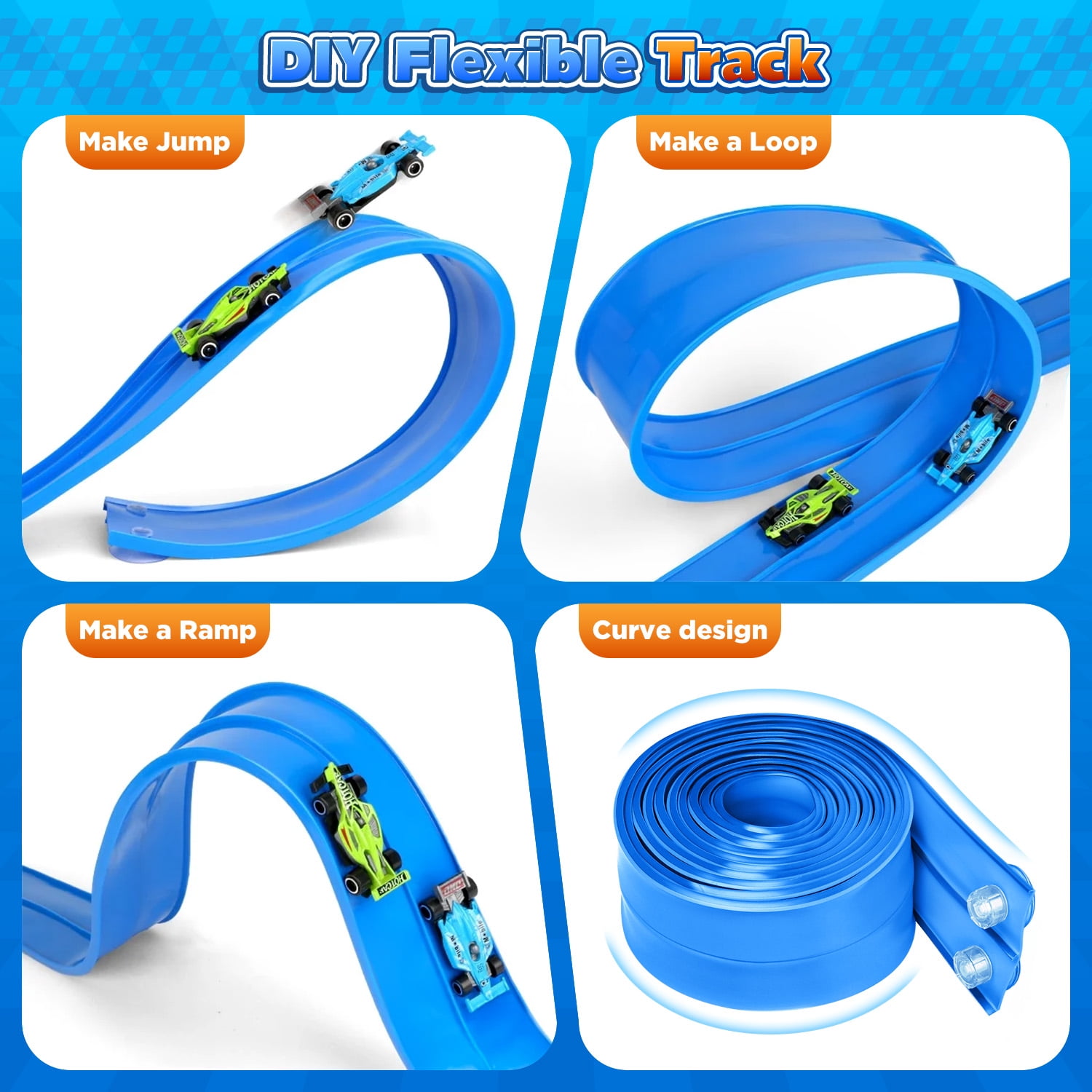 Beefunni Flexible Race Track for Kids, Bendable Track with Suction Cups, Portable & Foldable Indoor/Outdoor Toy, Compatible with Most 1:64 Toy Cars, Creative Gift for Boys & Girls (Blue)