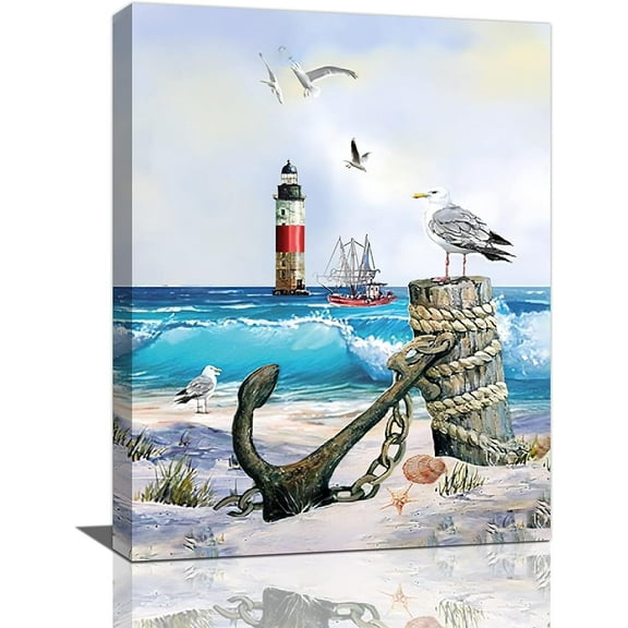 Beach Wall Art Nautical Lighthouse Anchor Wall Decor Ocean Coastal Pictures Canvas Print Artwork Paintings Home Decorations For Bathroom Living Room Bedroom Framed 12"x16"