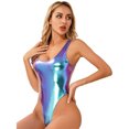 thumbnail image 3 of Body de mujer con escote alto y parte delantera metalizada, ropa de club, atuendo rave, leotardo con cremallera invisible en la espalda, traje de baño para fiesta en la piscina, 3 of 5