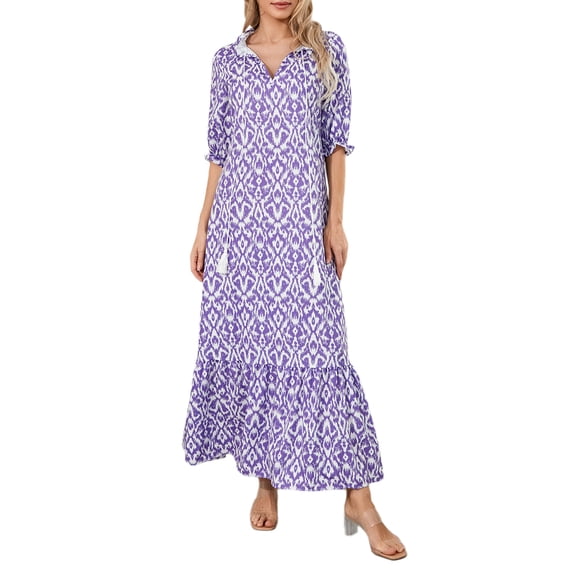 Franhais Women Long Dress, Elegant Short Sleeve V Neck Flower/Graphic Print Loose Swing Dress Summer Casual Dress