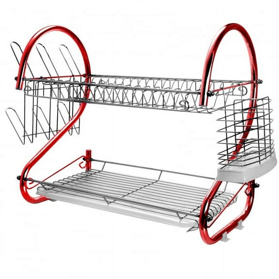 MegaChef 16 Inch Two Shelf Dish Rack in Red