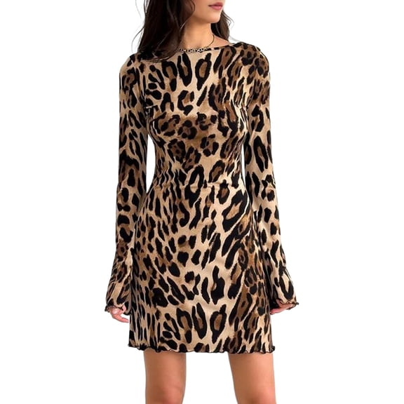 Fall Dresses for Women Long Sleeve Crew Neck Backless Leopard Print Dress Leopard Print XL