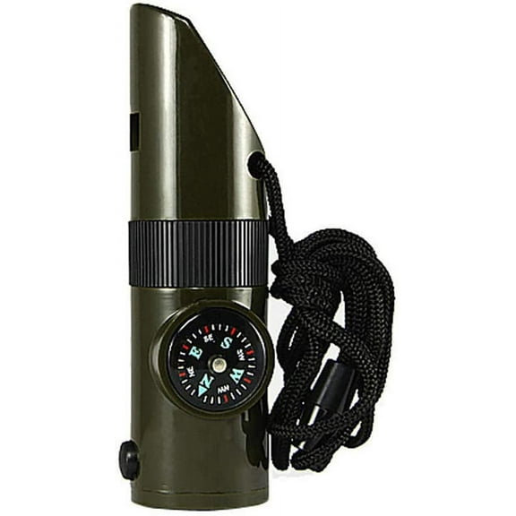 7 in 1 Emergency Survival Whistle, Compass, Magnifier Lens, LED Signal Lights, Survive Reflective Signal Mirror, Storage, Thermometer, with Lanyard for Camping, Hiking, Outdoor