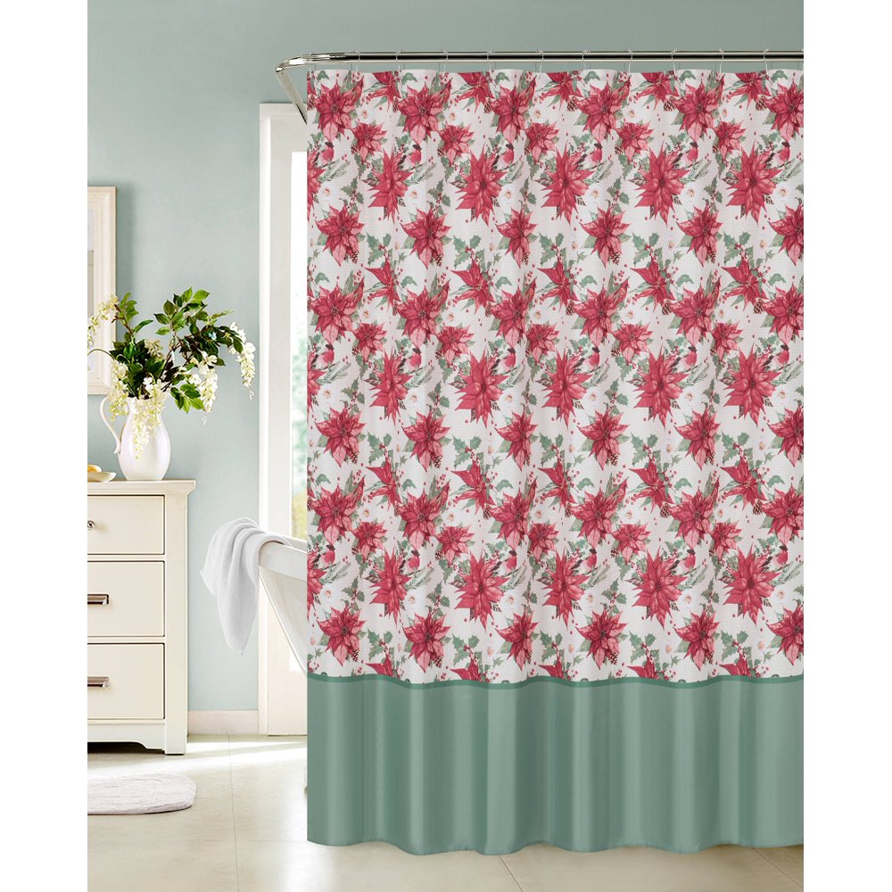 Joy Noel 13 Piece Holiday Shower Curtain and Hooks Set Poinsettia