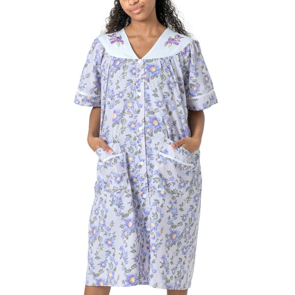 Women's Short Sleeve Woven Snap-Front Closure Floral Embroidery Housecoat Duster Lounge Nightgown, Lavender X-Large
