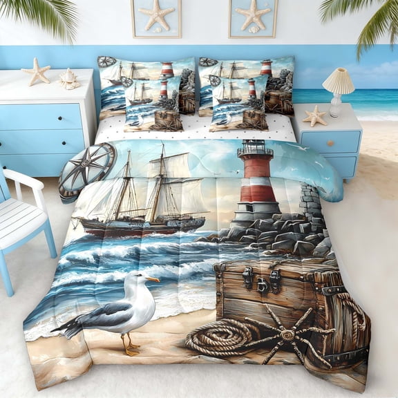 Manfei Vintage Sailing Ship Lighthouse Bedding Comforter Set for Kids Boys and Girls, Nautical Adventure Print Queen Bedding Sets, Reversible 7-Piece