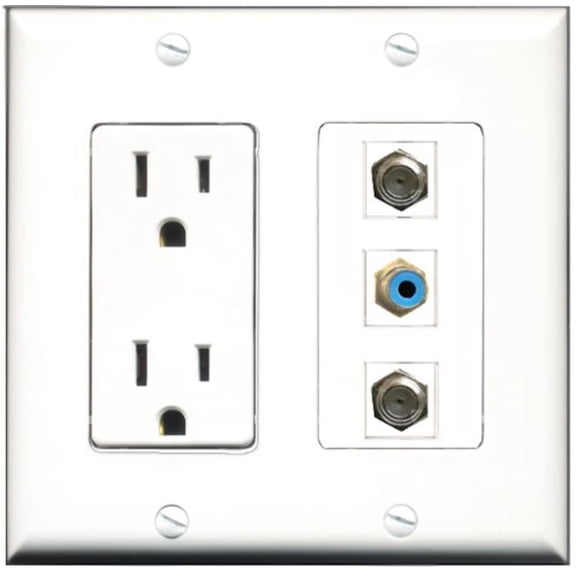RiteAV - 15 Amp Power Outlet 1 Port RCA Blue 2 Port Coax Decorative Wall Plate