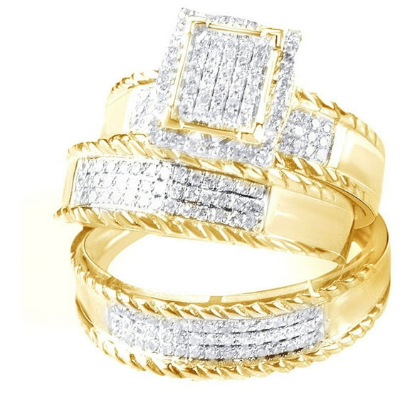 AFFY White Natural Diamond Engagement & Wedding Trio Band Ring Set In 10k Yellow Gold (0.8 Cttw)