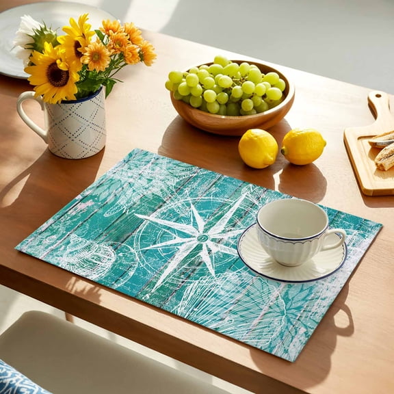 Vintage Nautical Placemats Set of 2, Summer White Compass Shell Starfish Teal Wooden Non-Slip Place Mats Washable Table Mats for Kitchen Dining Table Decorations Indoor/Outdoor