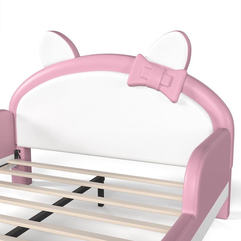 Full Size Kids Platform Bed with Cartoon Cat-Shaped Headboard, Upholstered PU Leather Princess Bed, Low Profile Child Bed Frame