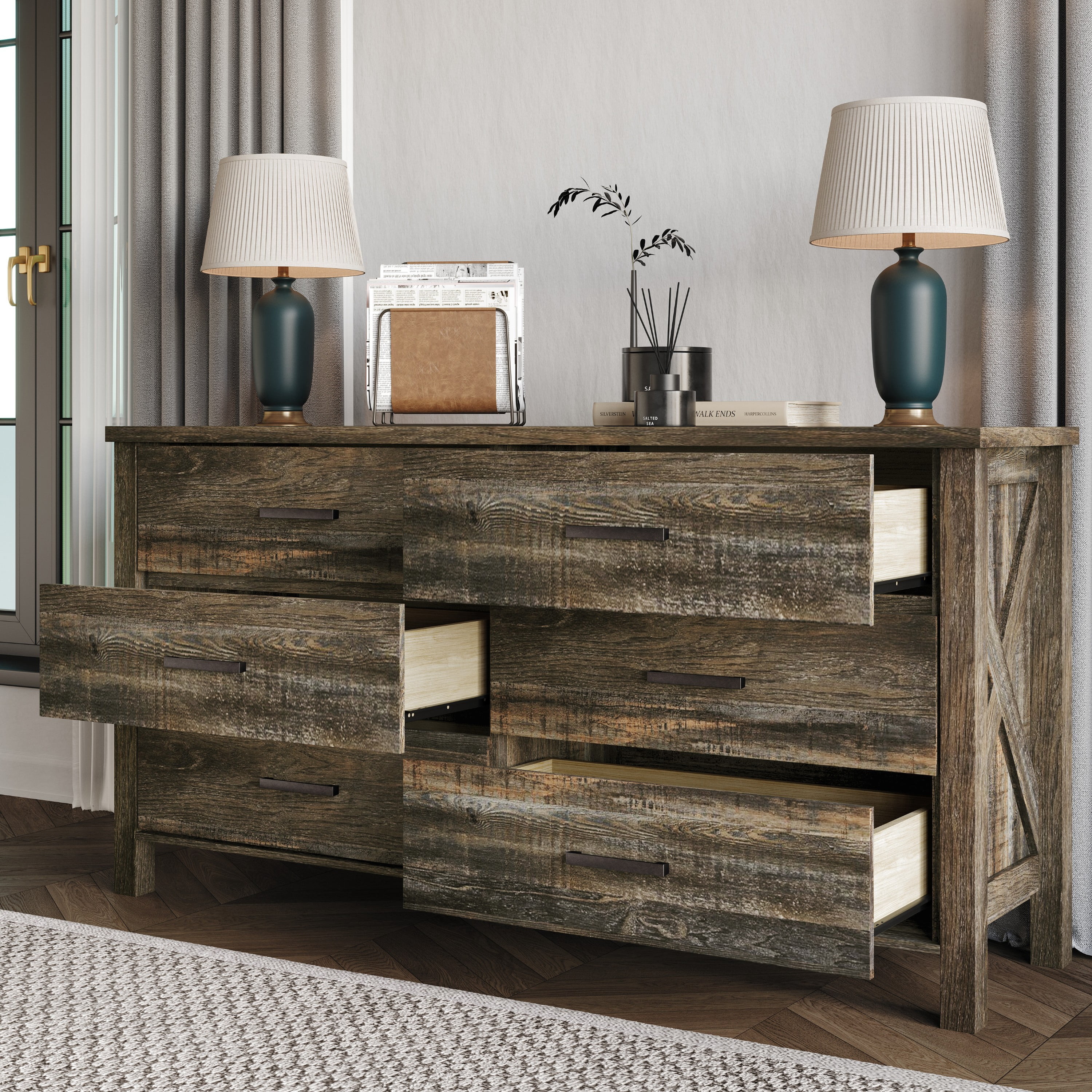 Home Design Niles 6-Drawer Dresser with X-Shaped Side Panels and Black Handles, Brown, Easy Assembly