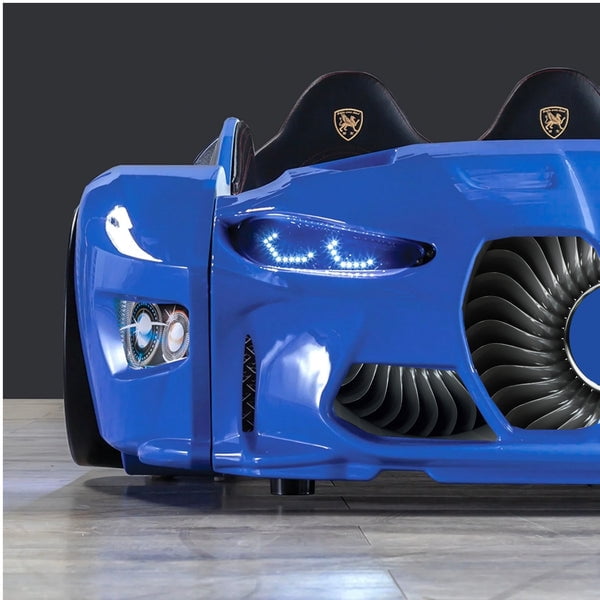 GTM Twin Race Car Bed for Kids with LED Headlights, Sound FX, Remote Control and Realistic Design, Sturdy and Fun Sleep Solution