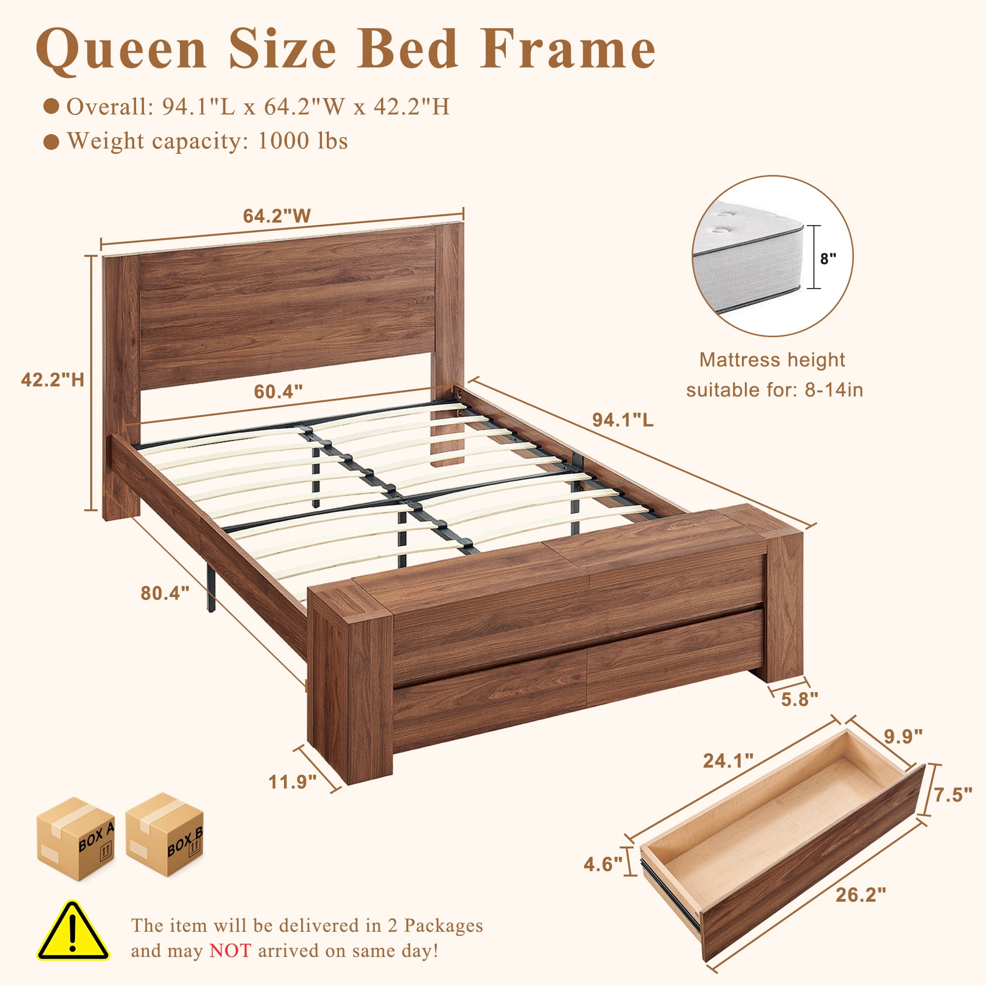 KeyWhat Modern Queen Size Storage Bed Frame with Panel Headboard, Footboard Storage Bench, Built-In Drawers, Lift-Up Compartments, No Box Spring Needed, Light Walnut
