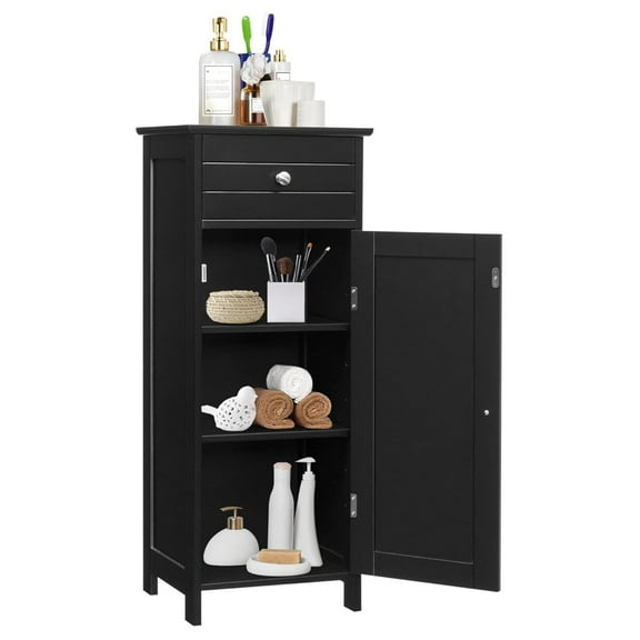 Small Bathroom Storage Cabinet, Narrow Storage Organizer with Drawer & Single Door, Adjustable Shelves, Freestanding Slim Cabinet for Small Space, Bathroom & Living Room, Black