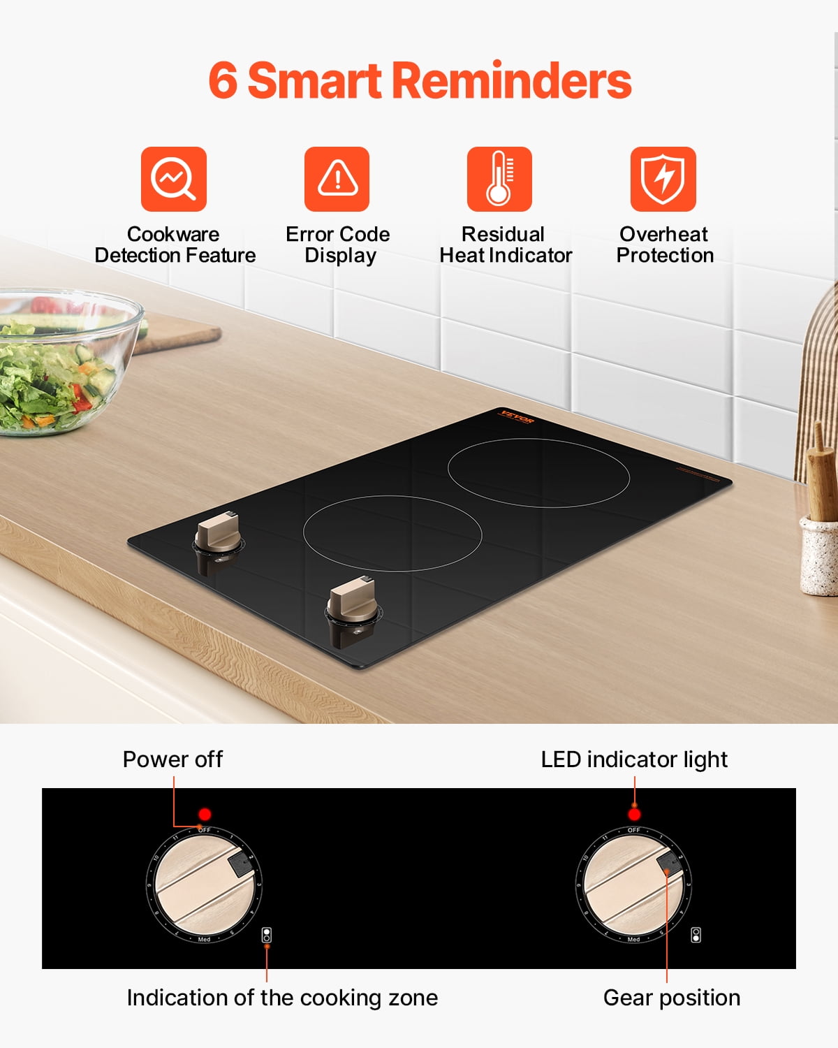 VEVOR Induction Cooktop, 1800W Electric Countertop Burner, 2 Burner Knob Control Stove, Built-in Induction Cooktop with 12 Temperature Settings, Glass Surface, Auto Shut-Off