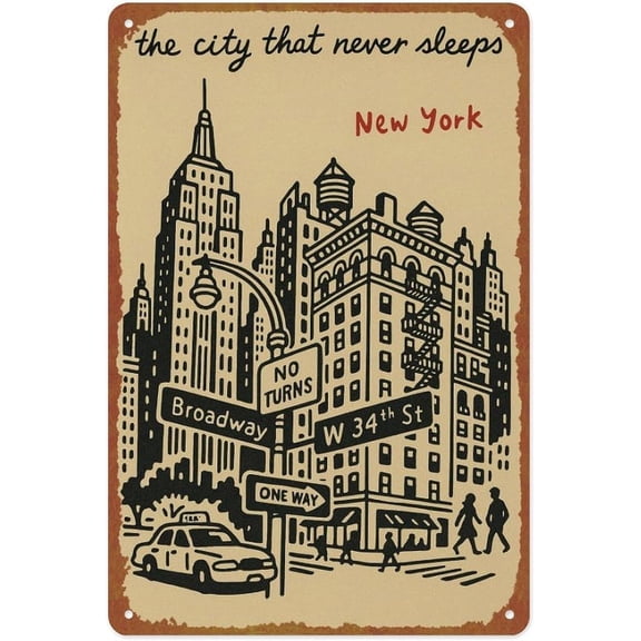 Vintage New York City Skyline Metal Tin Sign Wall Decor Poster 8 x 12 Inches