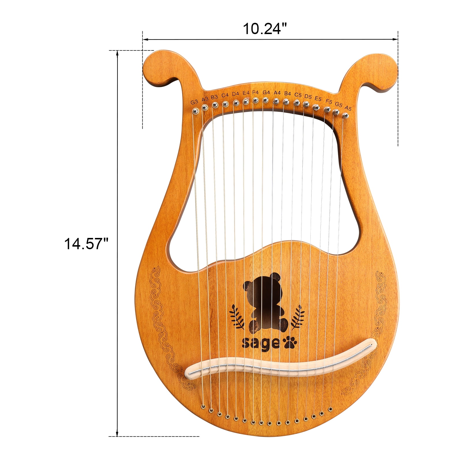 16-String Box Lyre Harp, Sapele Wood Lap Harp with Panda Motif, Steel Strings, Tuning Wrench and Padded Bag for Beginners and Kids