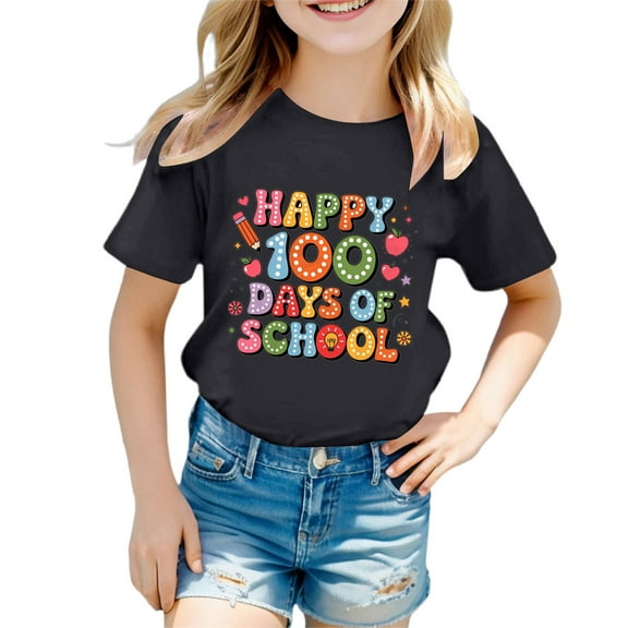 Suilloe Toddler Girls T-Shirts 100 Days Of School Print Round Neck Short Sleeve Tee Kids Girls Spring Summer Comfy And Style Tee Tops，2 -3 Years