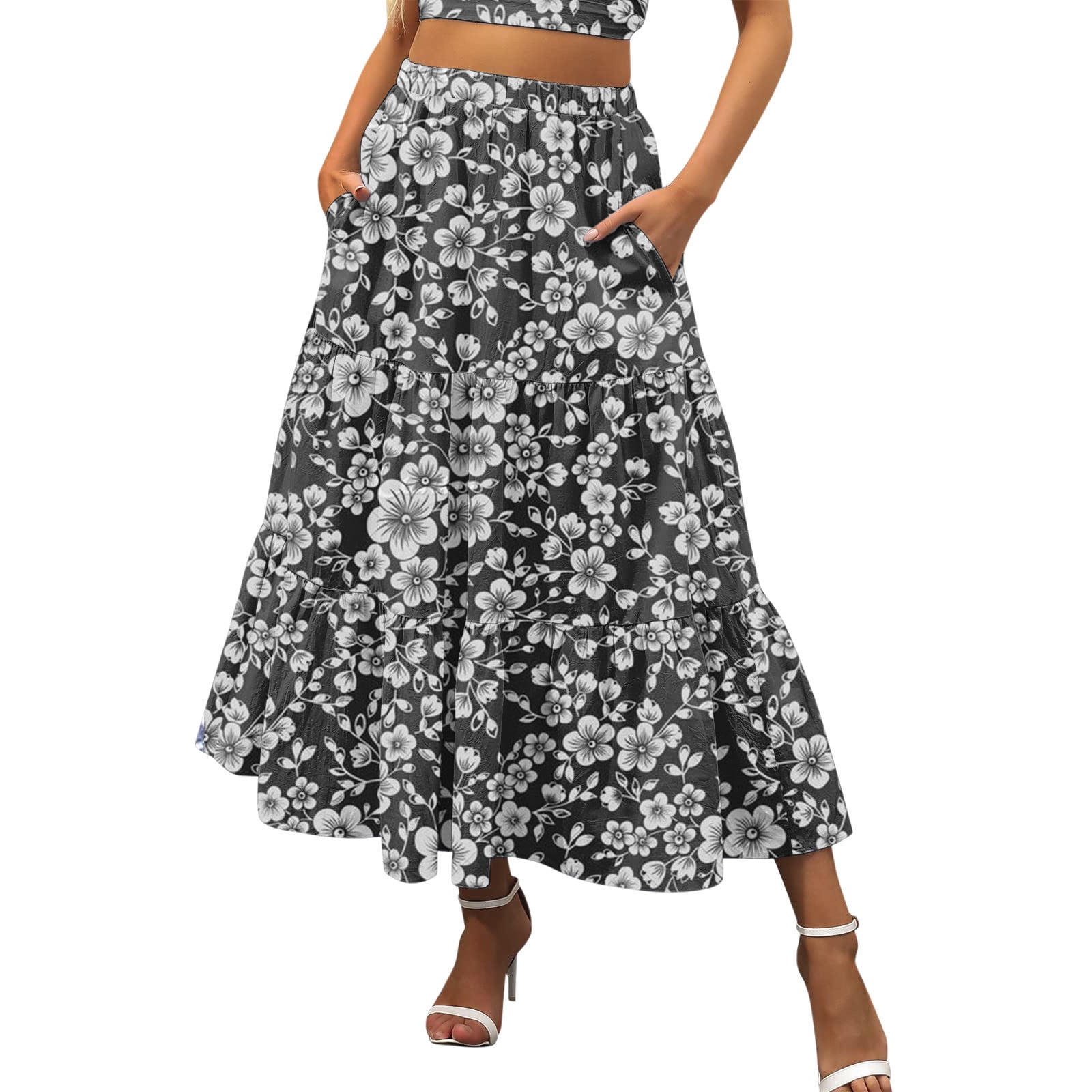 Women Spliced Floral Long Skirt Fashion Summer High Waist Slim Mid