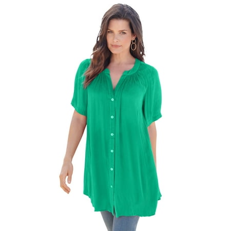 Roaman's Women's Plus Size Short-Sleeve Angelina Tunic Long Button Front Shirt