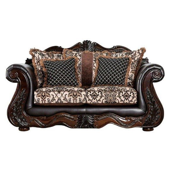 Furniture of America Conall Traditional Faux Leather Cushioned Loveseat in Brown