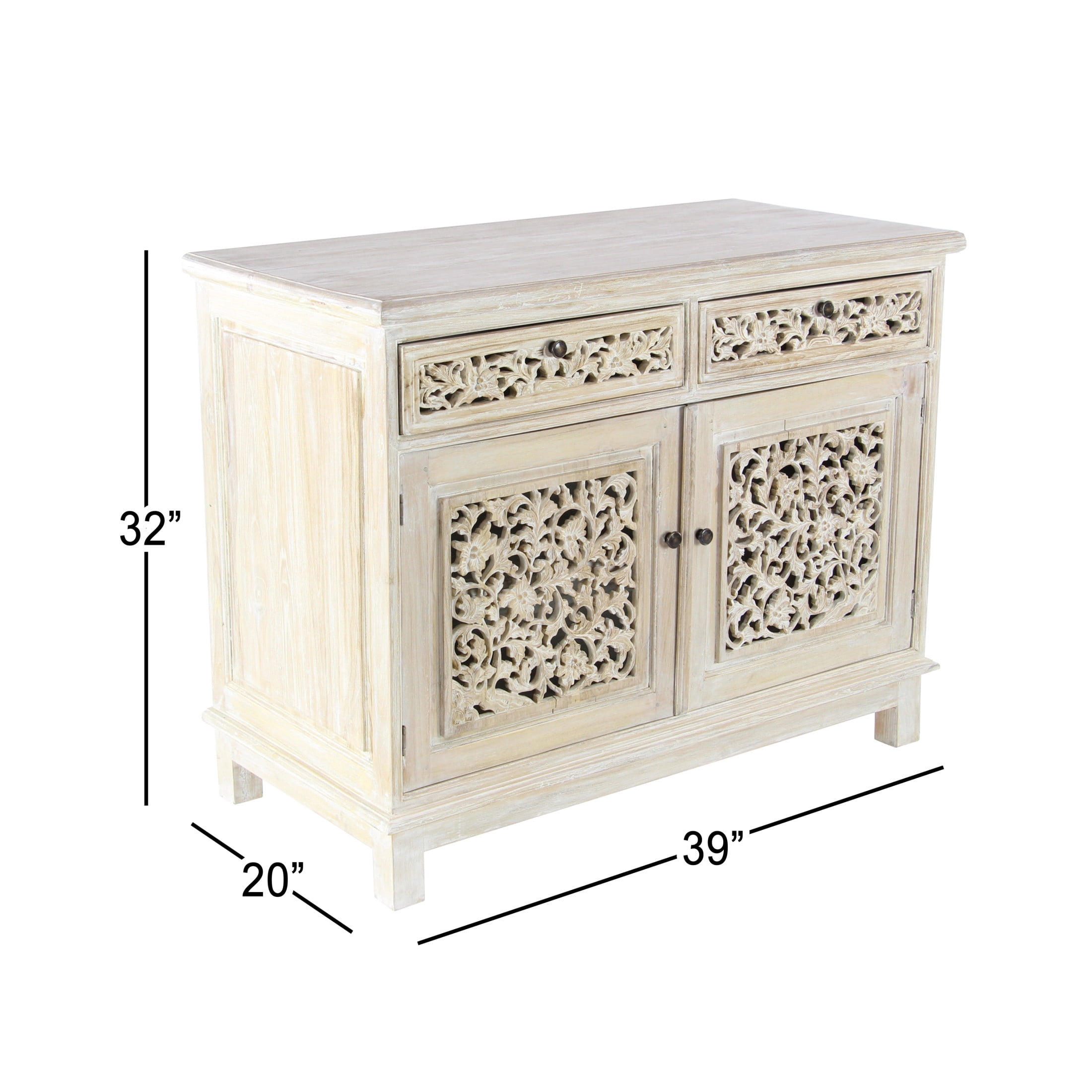 DecMode 39" x 32" White Wood Intricately Carved 2 Door and 2 Drawer Floral Cabinet, 1-Piece