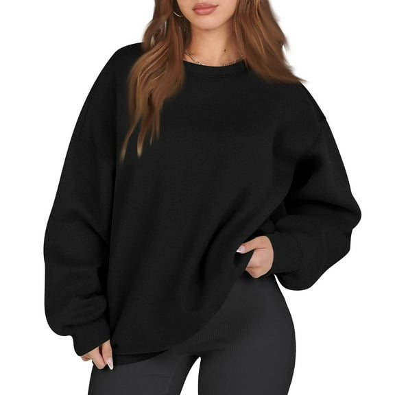 BOMYJESK Sweatshirts for Women Oversized Round Neck Long Sleeve Pullover Sweaters Cute Solid Color Fall Fashion Sweatshirts Trendy 2025 Clothes Black L