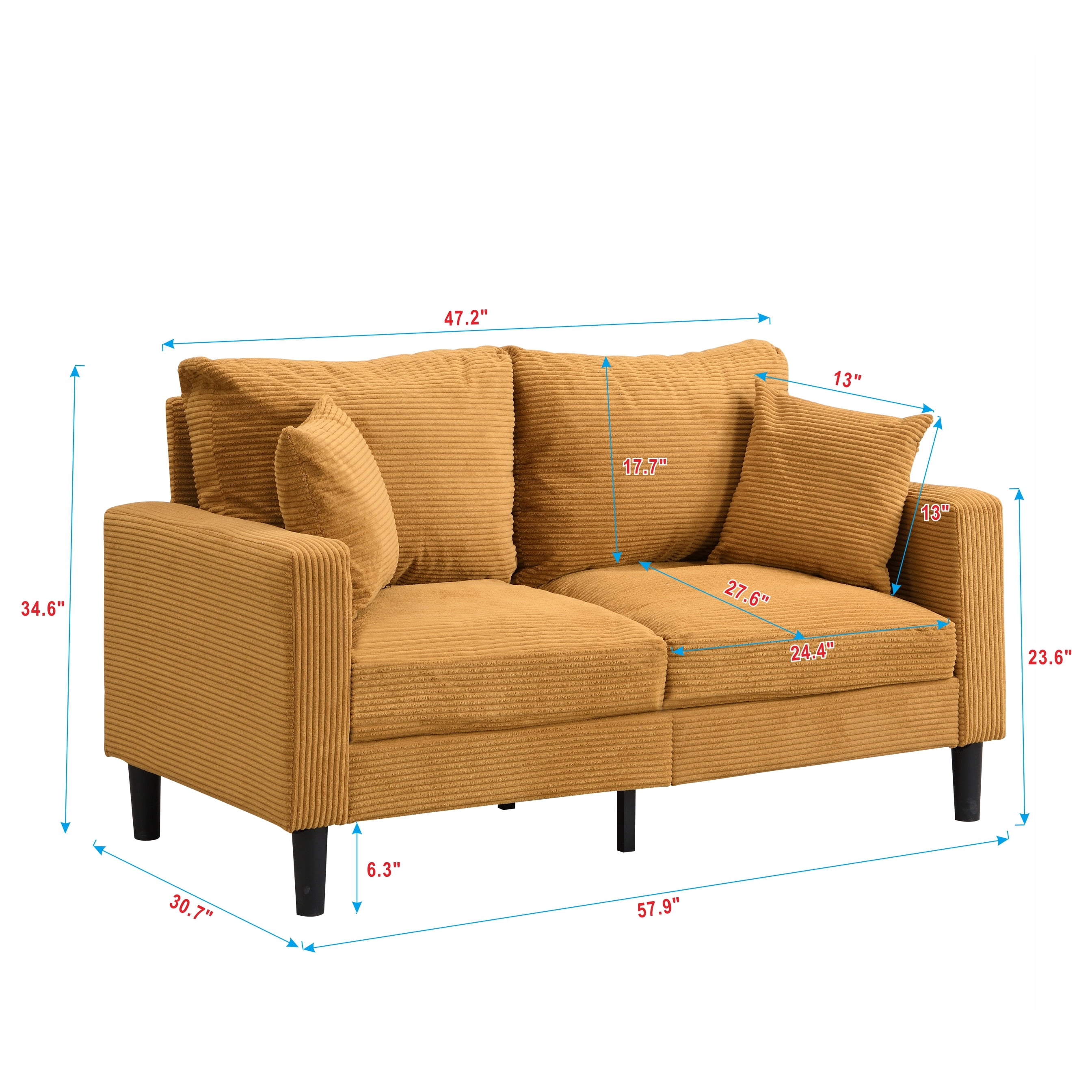Aukfa Corduroy 2-Seater Loveseat Sofa, 57"W x 27.6"D, Small Space Friendy, Orange