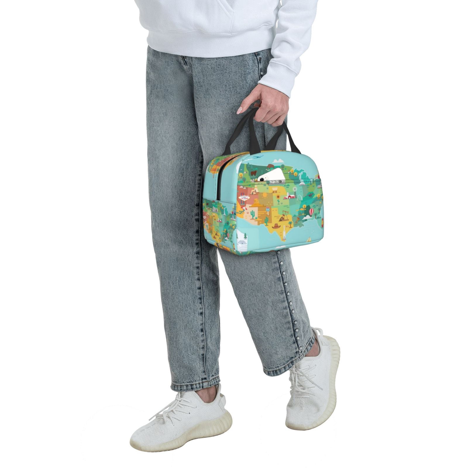Naloa USA Tourist Map Print Lunch Box for Women Men,Insulated Lunch Bag,Lunchbox,Thermal Leakproof Cooler,Reusable Lunch Tote Bag for Work School Travel Picnic