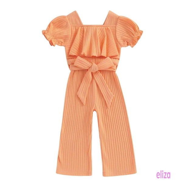 Eliza-Toddler Niñas Casual Largo Mono Color Sólido Manga Corta Cinturón Ropa De Verano