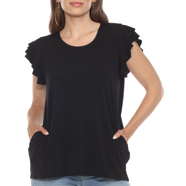 White Mark Ruffle Sleeve Solid Top (Women's)