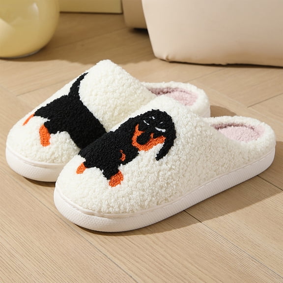 Unisex House Slippers Fuzzy Plush Closed Toe Indoor Bedroom Shoes with Warm Fleece Lining, Dachshund Dog Cartoon Print Soft Cushioned Sole Slip On Home Slippers for Men Women Black