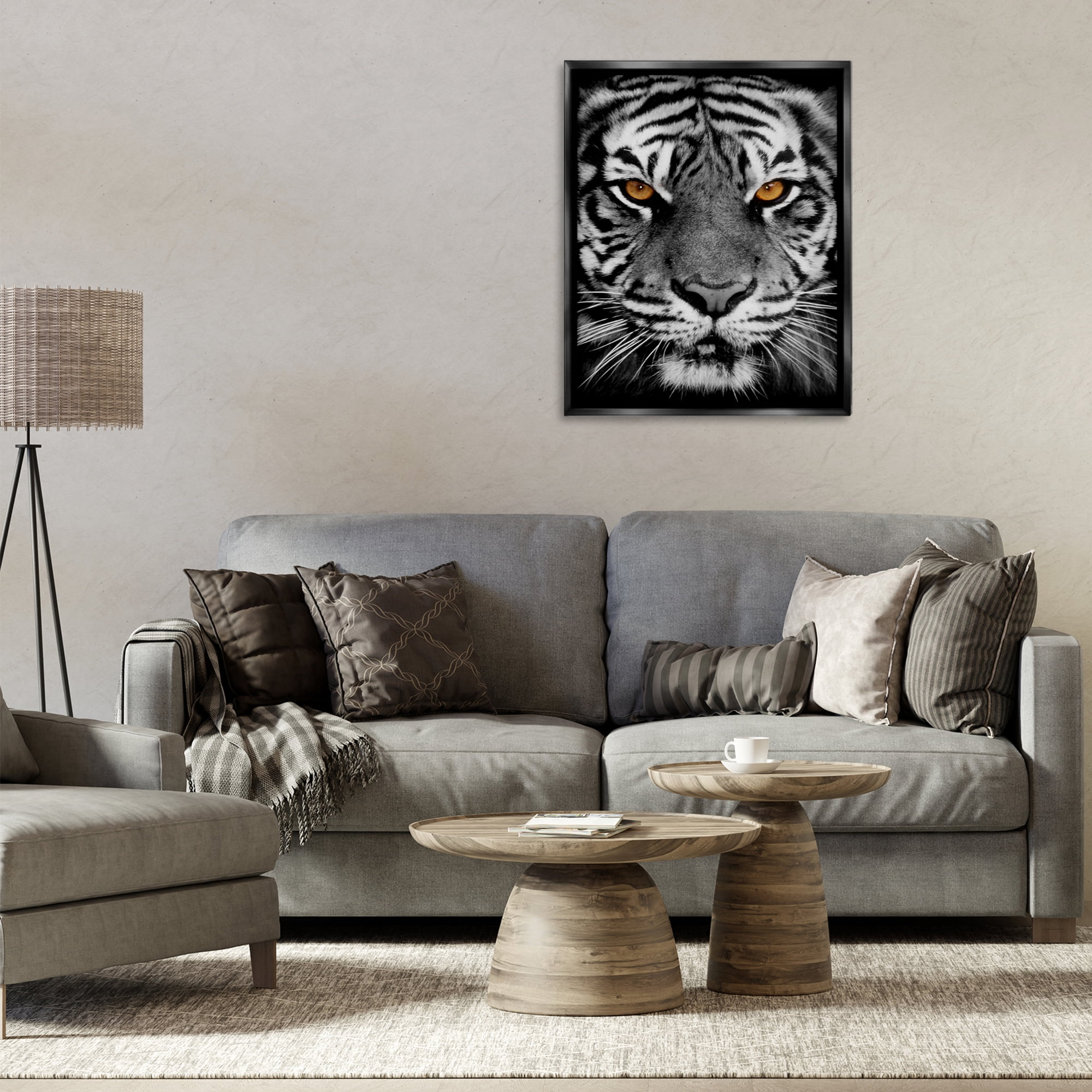 Stupell Industries Fierce Eyed Tiger Animals Painting Black Floater Framed Canvas Art Print Wall Art, 25 x 31