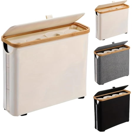 Toilet Paper Storage Basket, Foldable Bamboo Bathroom Organizer with Lid, Free Standing Bathroom Organizer Container,  White