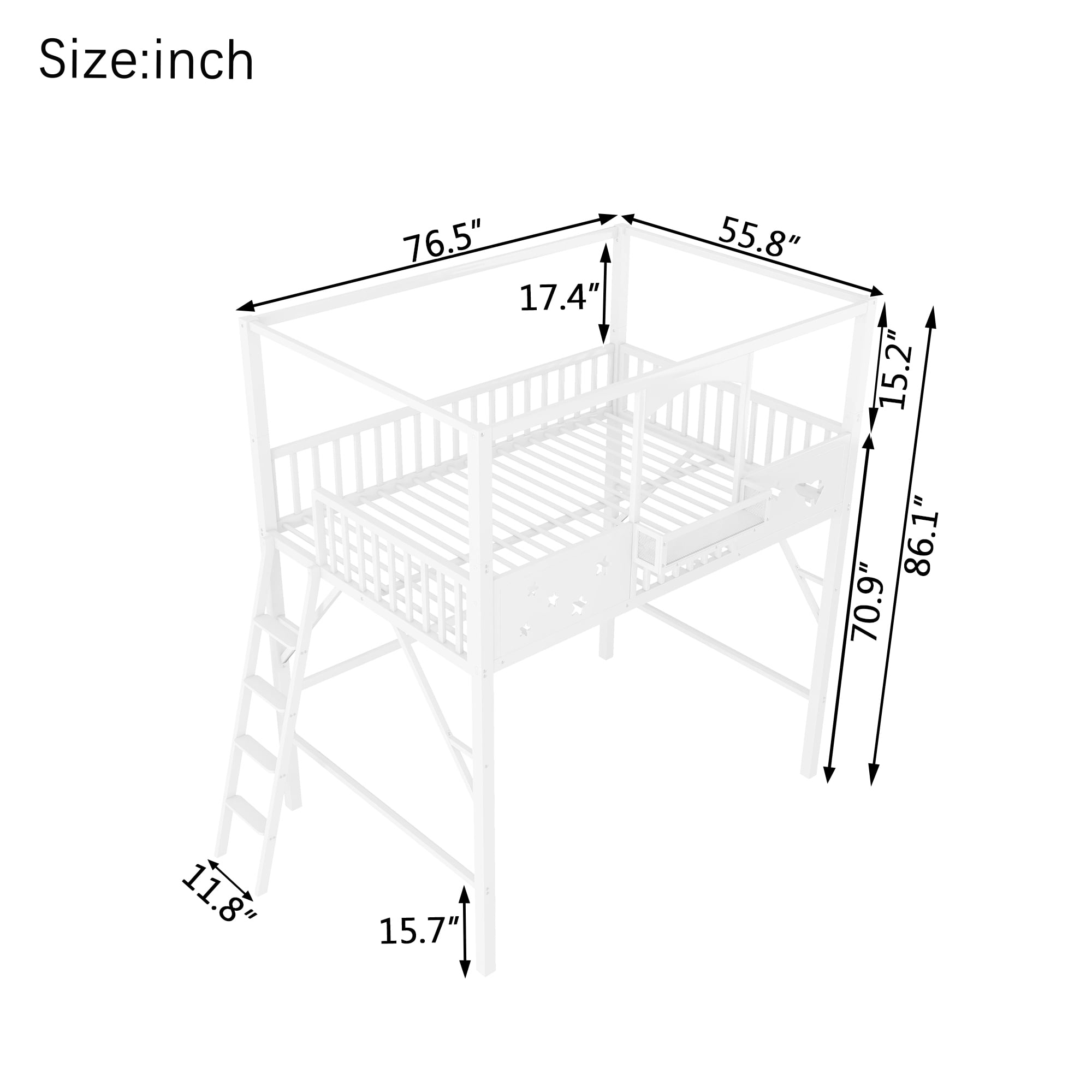 Leumius Full Size Loft Bed with Ladder and Storage Shelves,Metal High Loft Bed for Bedroom,White
