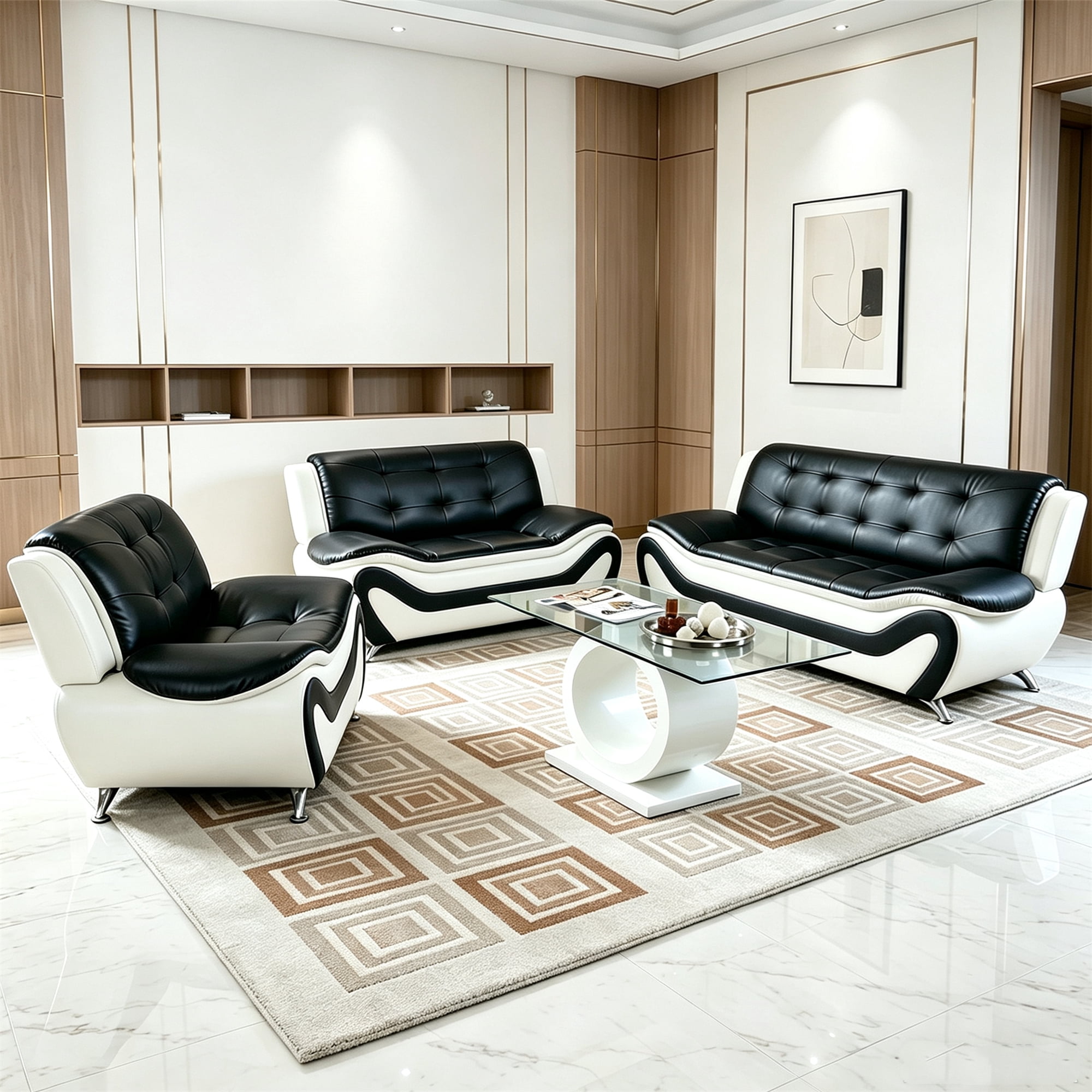 Aukfa 76.5" Upholstered 3 Seat Sofa Couch for Living Room, Leather, Tufted Back, Black&White