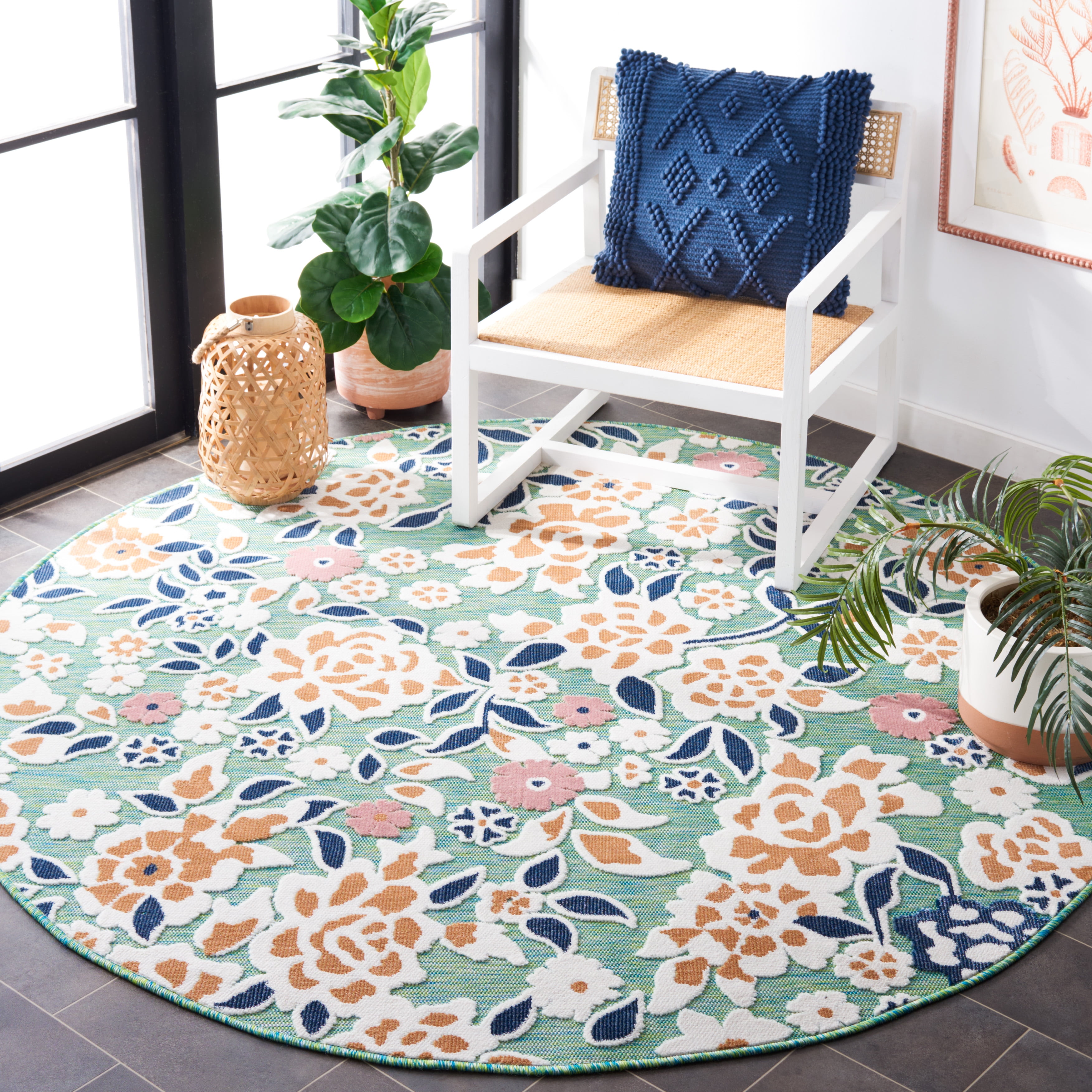 SAFAVIEH Cabana Tobias Floral Indoor/Outdoor Area Rug, Green/Navy, 4' x 4' Round