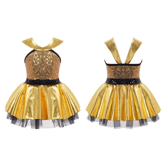 DPOIS Girls Shiny Sequin Sleeveless Mesh Tutu Dress Ballerina Dance Outfits