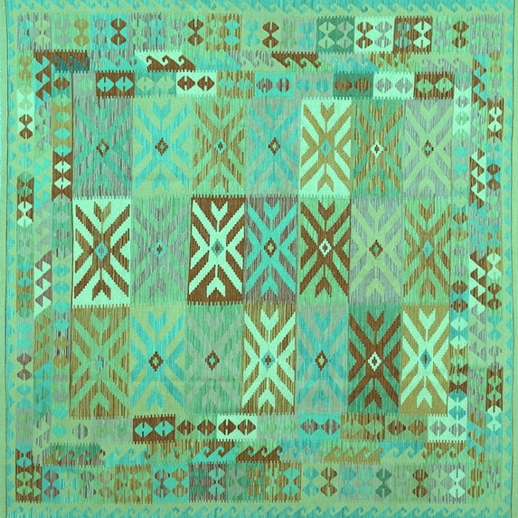 Ahgly Company Machine Washable Indoor Square Abstract Turquoise Blue Contemporary Area Rugs, 7' Square