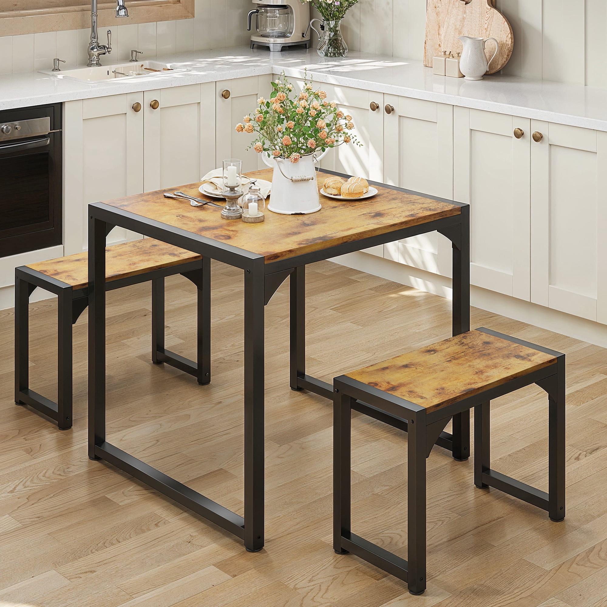 Dining Table Set for 2,Lofka Dining Room Set with Hardwood Kitchen Table,2 Benches for Kitchen Room,Breakfast Time,Apartment,Saving Small Space,Retro Brown