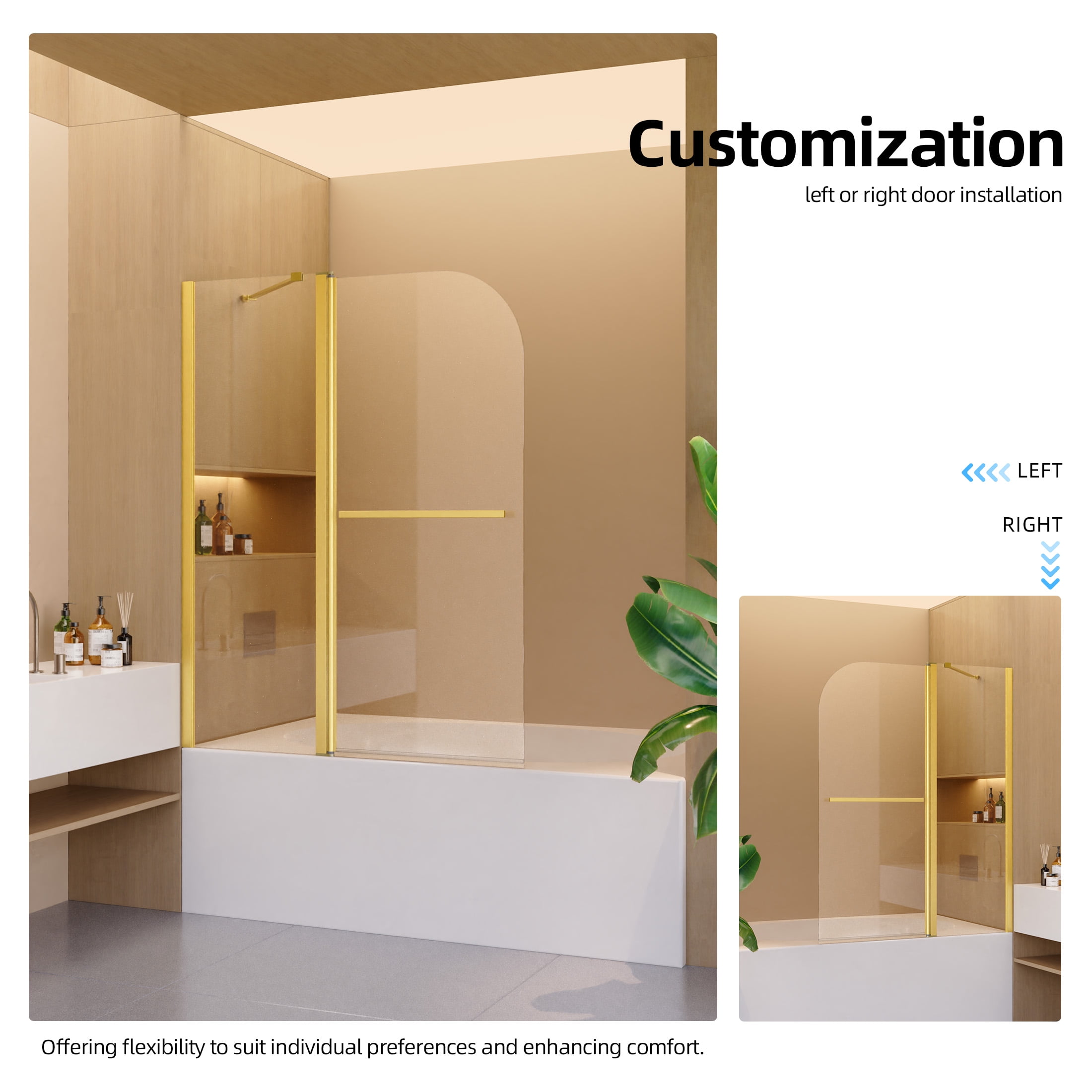 Aukfa 43"W x 58"H Bathtub Shower Doors, 1/4" (6mm) SGCC Tempered Glass Bathtub Door, Brushed Gold