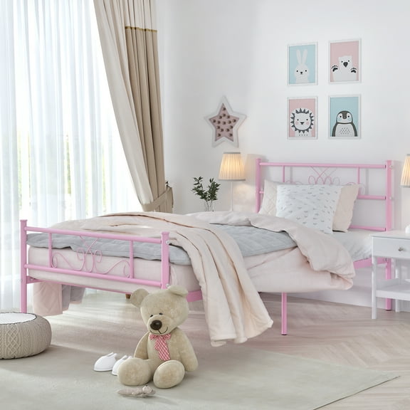 Yoneston Twin Size Metal Platform Bed Frame for Girls with Headboard for Kids, Teens, Adults, Pink