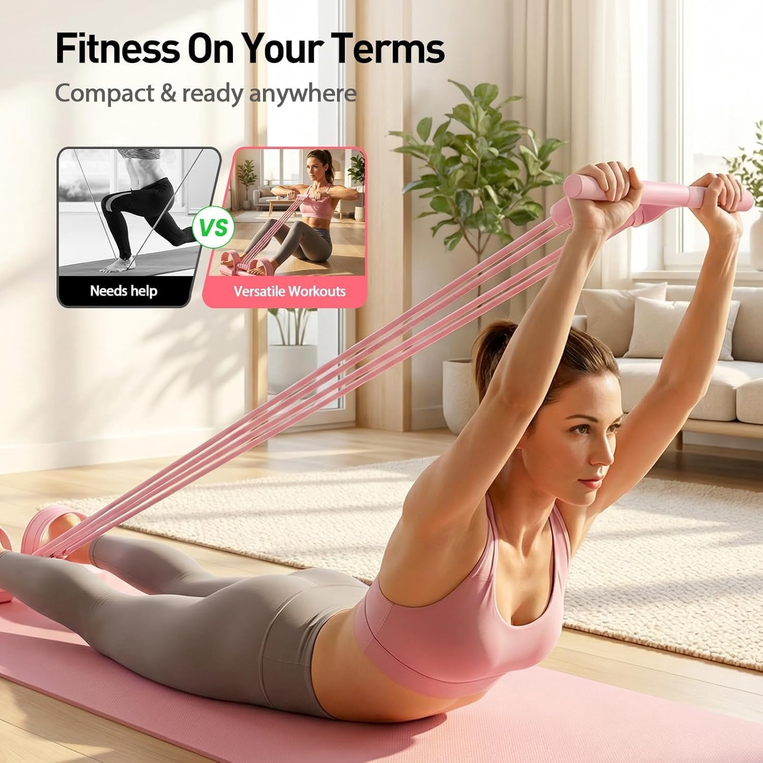 Upgrade Pedal Resistance Bands with Handles 8 Tube Natural Rubber Tension Rope, Home Gym Yoga Pilates Stretch Bands for Adults Full Body Arm Leg Core Training Portable (1 Pack pink)