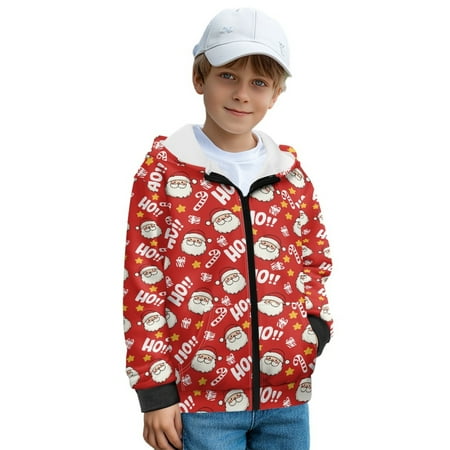 FKELYI Zip Up Front Sweatshirt Kids Hoodies with Side Pockets Red Hohoho Santa Claus Star Print Fall Winter Clothes Fleece Lining Hoodie Jacket for Athletic Top L